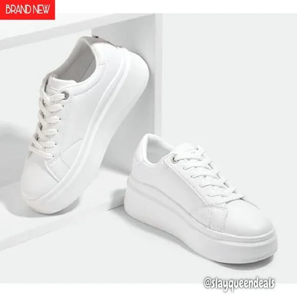 Women's Platform Sneakers Faux Leather Low Top Casual Walking Shoes - Picture 7 of 8